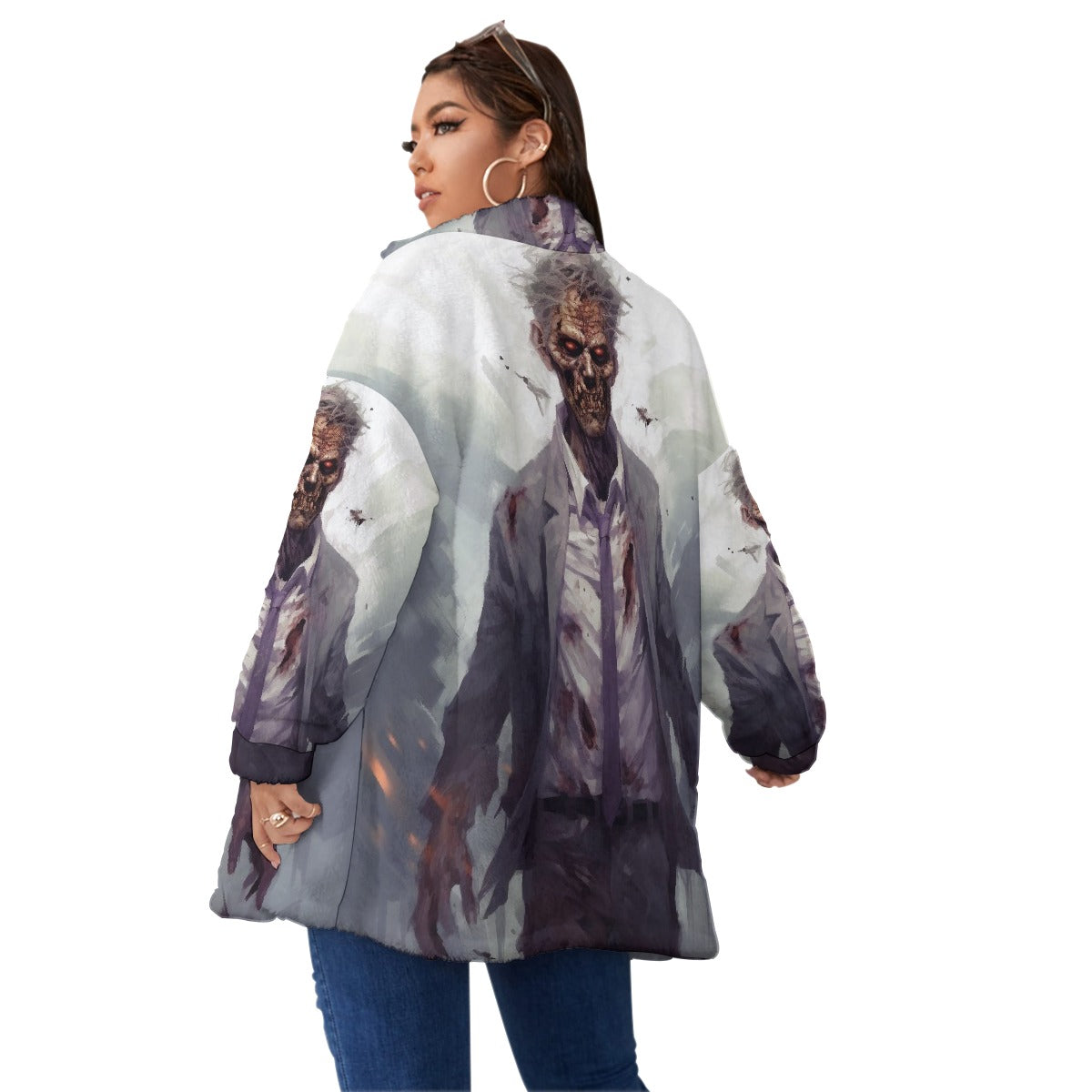 All-Over Print Unisex Borg Fleece Stand-up Collar Coat With Zipper Closure(Plus Size)