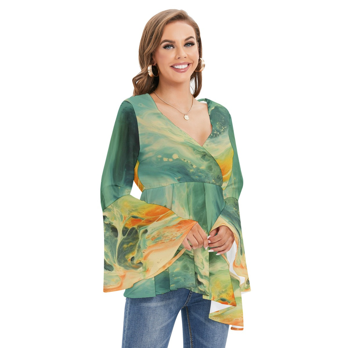 All-Over Print Women's V-neck Blouse With Flared Sleeves