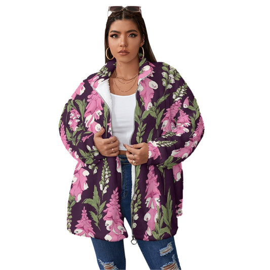 All-Over Print Unisex Borg Fleece Stand-up Collar Coat With Zipper Closure(Plus Size)