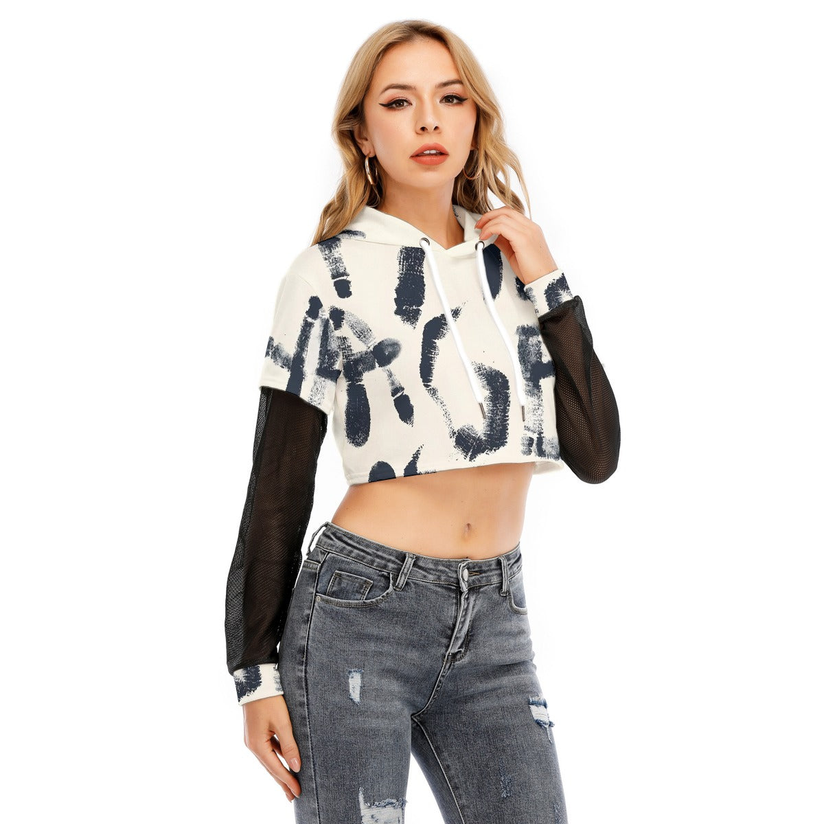 All-Over Print Women's Fake Two-piece Mesh Sleeve Cropped Hoodie
