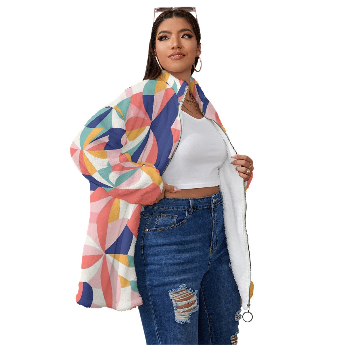 All-Over Print Unisex Borg Fleece Stand-up Collar Coat With Zipper Closure(Plus Size)