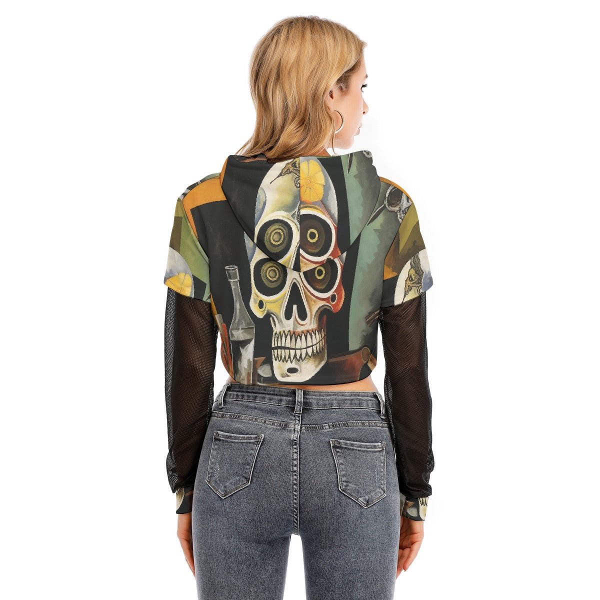 All-Over Print Women's Fake Two-piece Mesh Sleeve Cropped Hoodie