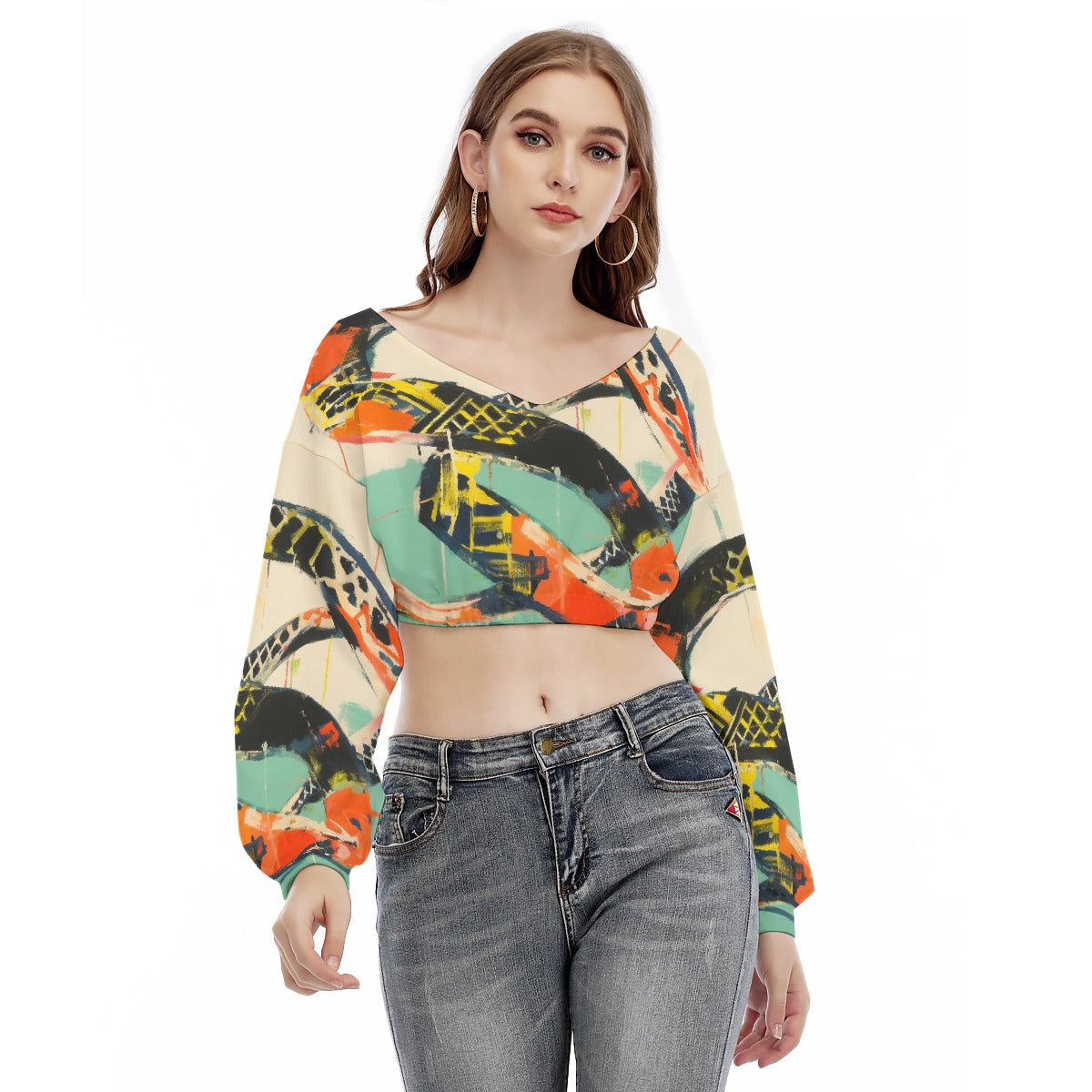 All-Over Print Women's V-neck Long Sleeve Cropped Sweatshirt
