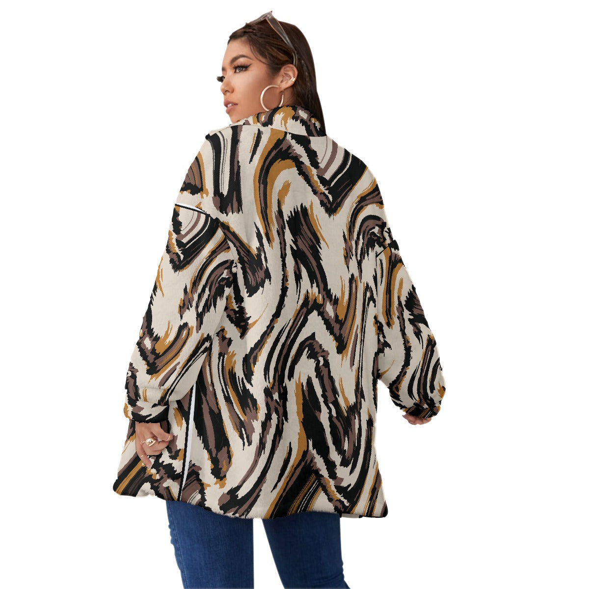 All-Over Print Unisex Borg Fleece Stand-up Collar Coat With Zipper Closure(Plus Size)