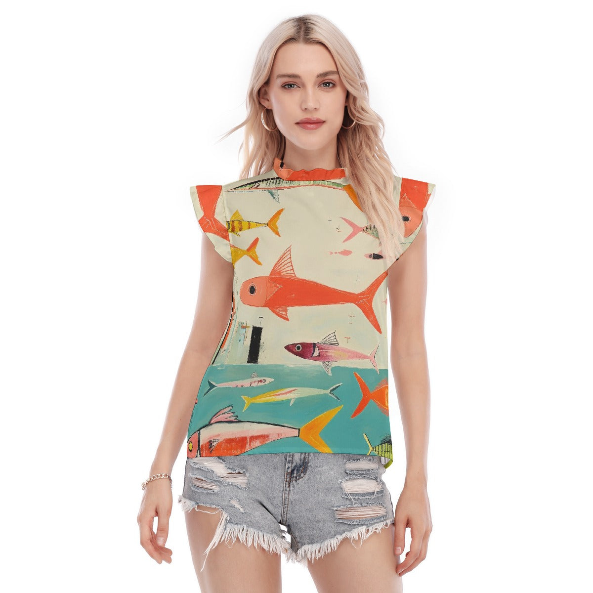 All-Over Print Women's Blouse With Ruffle Collar And Sleeve