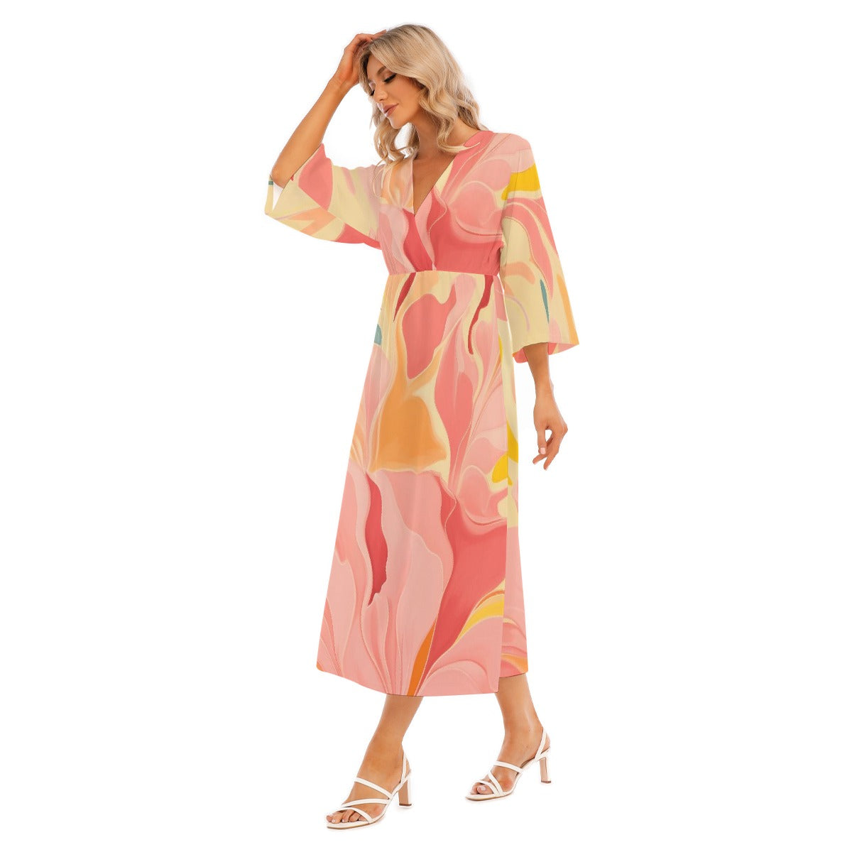 All-Over Print Women's Mid-Sleeve Long Dress