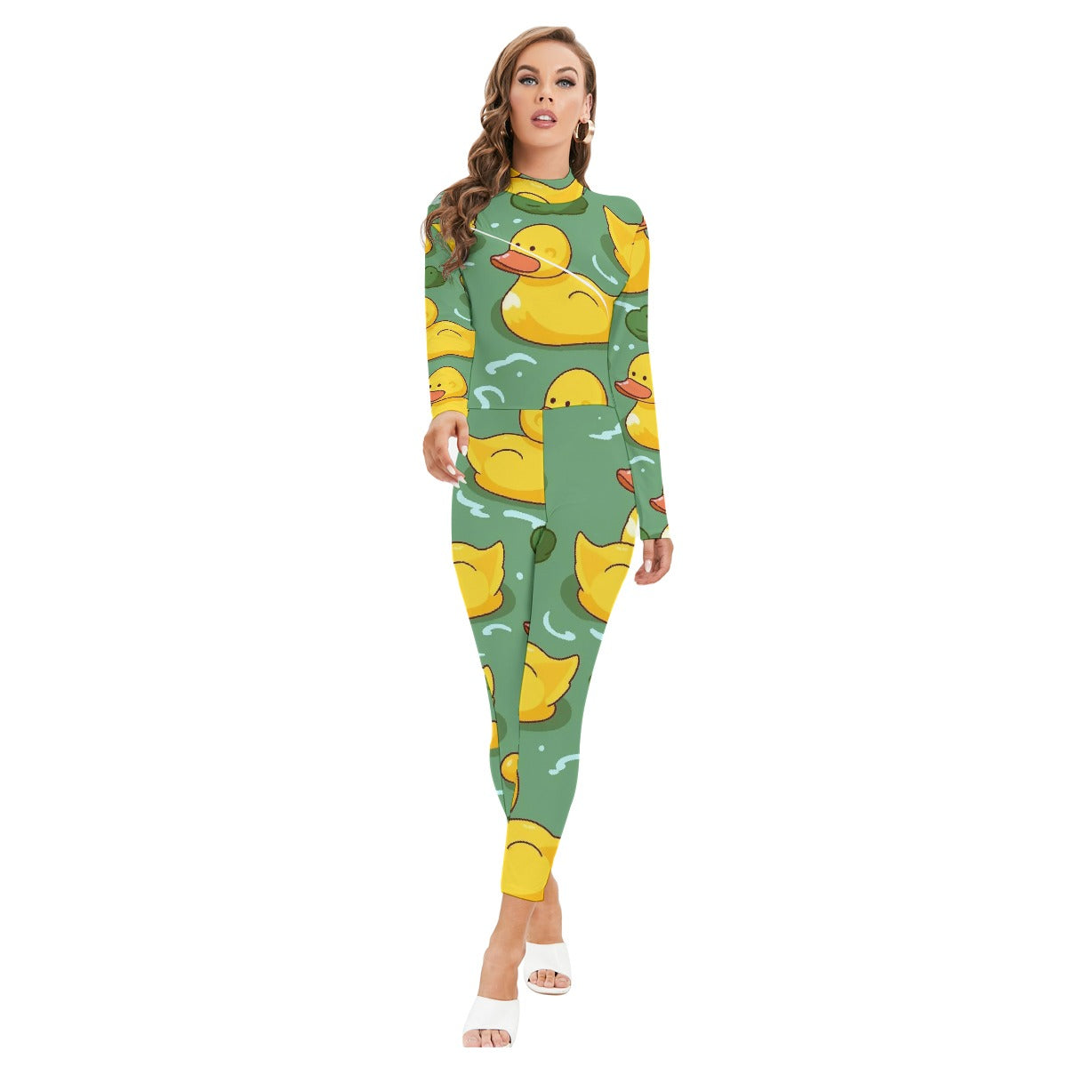 All-Over Print Women's Long-sleeved High-neck Jumpsuit With Zipper