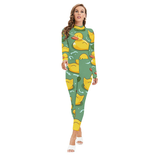 All-Over Print Women's Long-sleeved High-neck Jumpsuit With Zipper