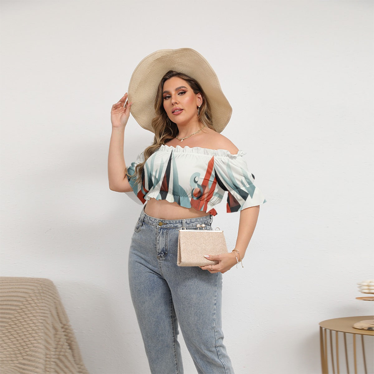 All-Over Print Women's Off-shoulder Cropped Top With Short Puff Sleeve