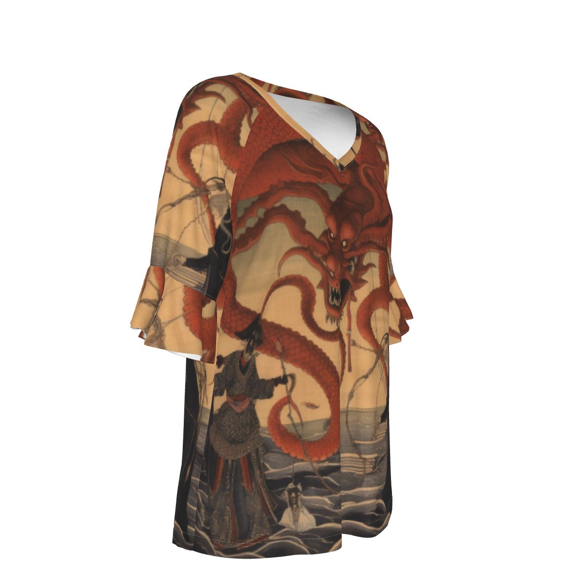 All-Over Print V-neck Women's T-shirt With Bell Sleeve