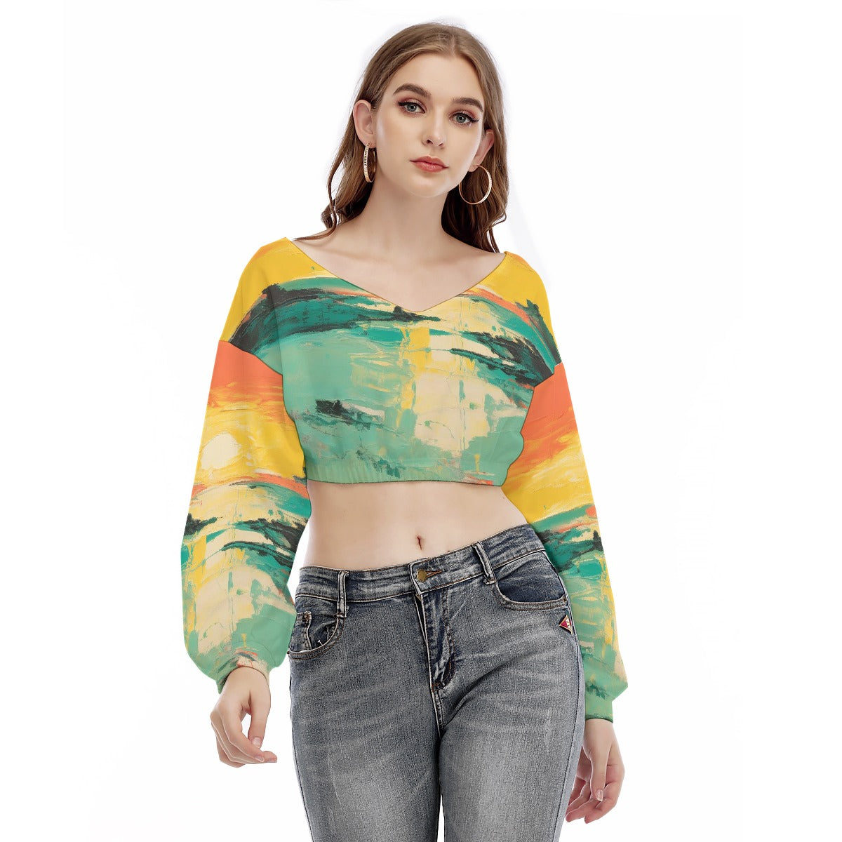All-Over Print Women's V-neck Long Sleeve Cropped Sweatshirt