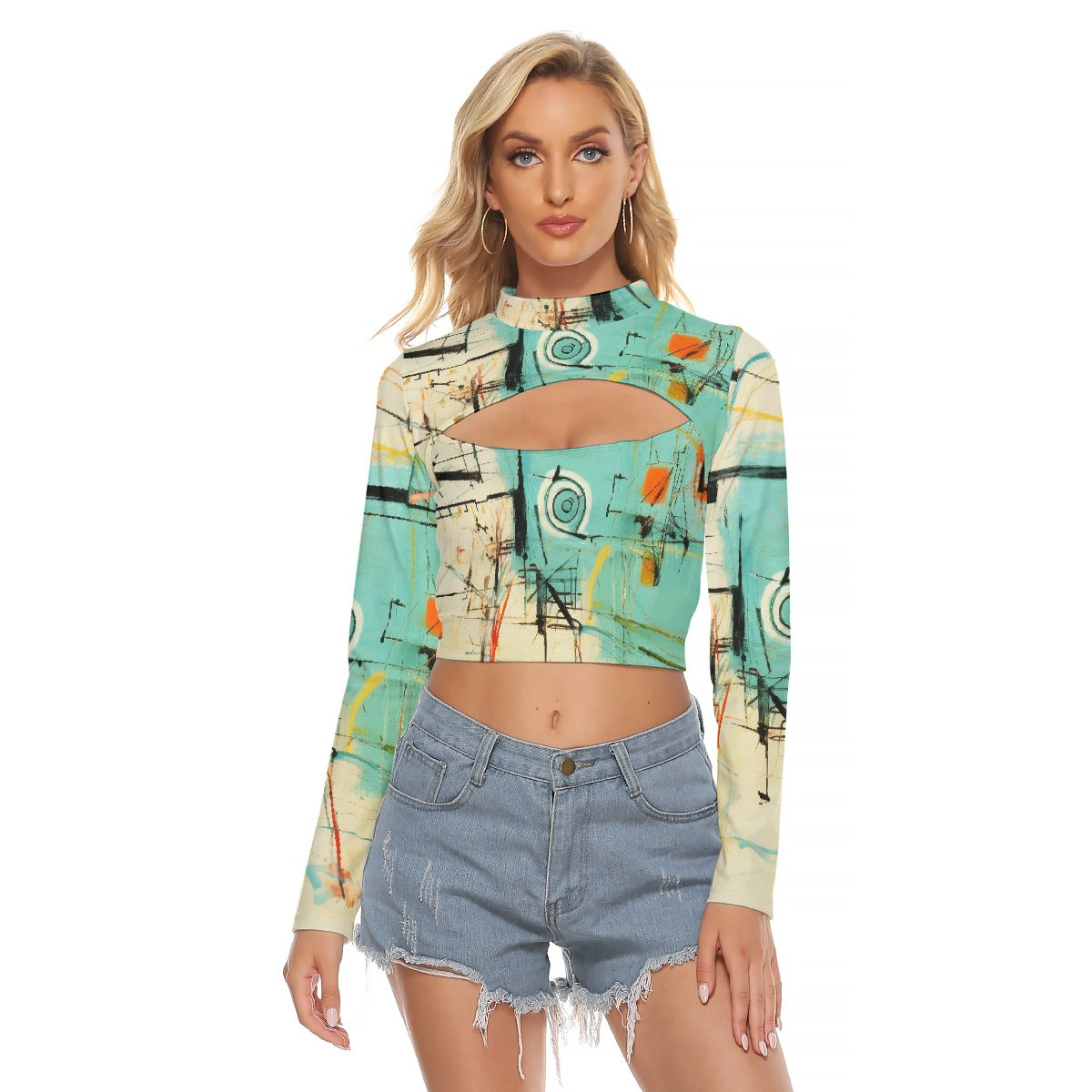 All-Over Print Women's Hollow Chest Keyhole Tight Crop Top