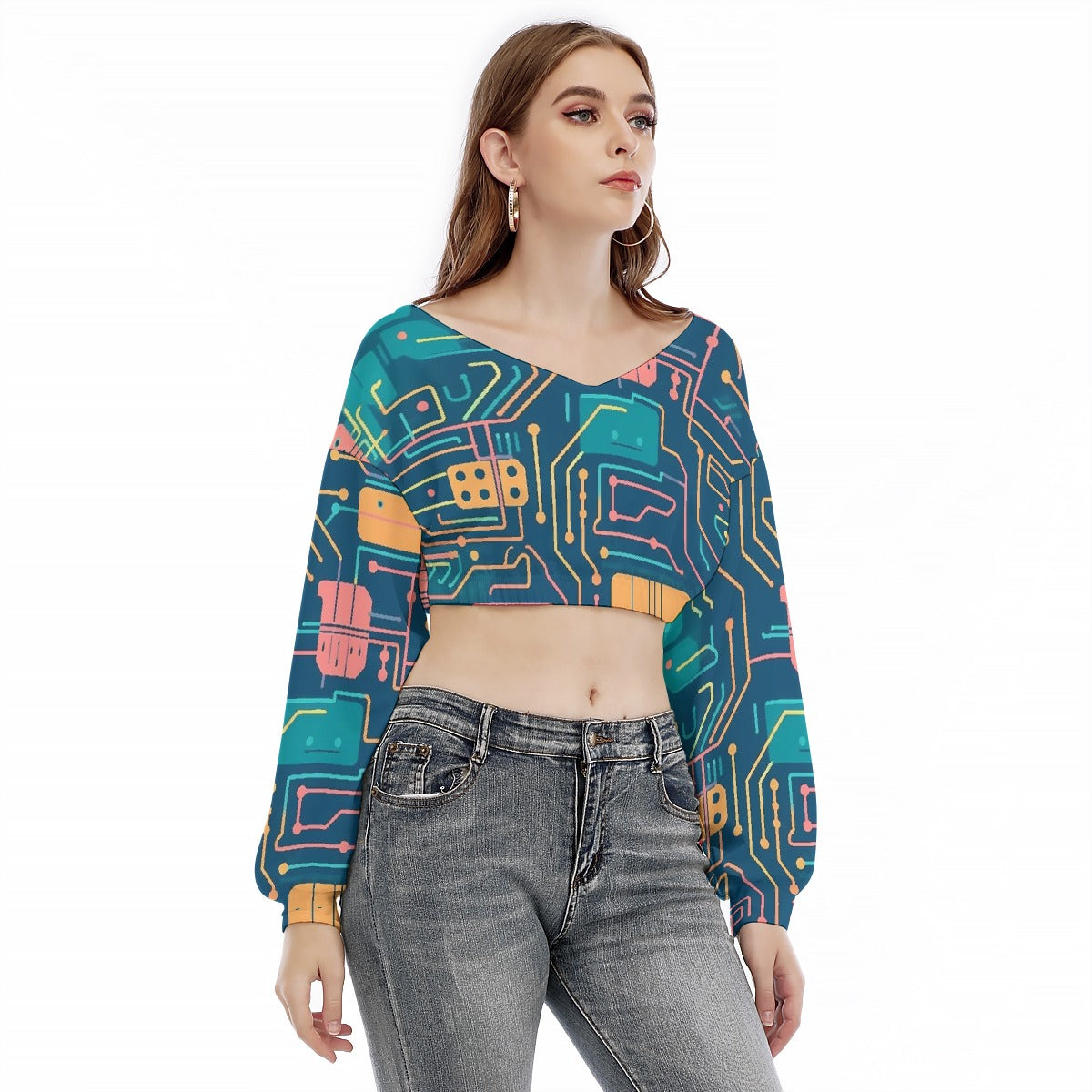 All-Over Print Women's V-neck Long Sleeve Cropped Sweatshirt