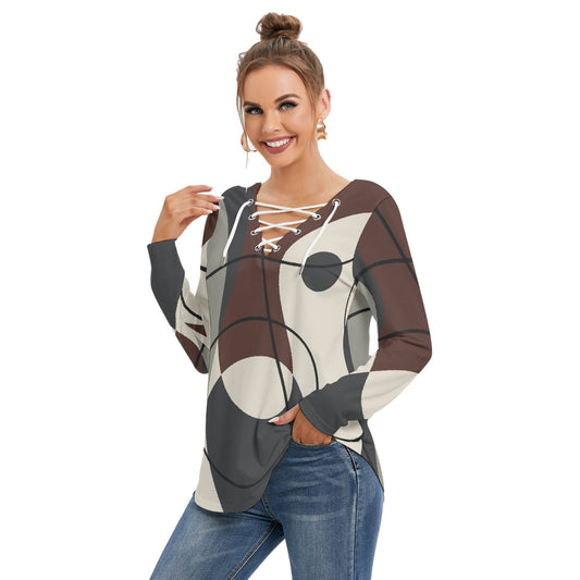 All-Over Print Women's Long Sleeve Neckline Tie Sweatshirt