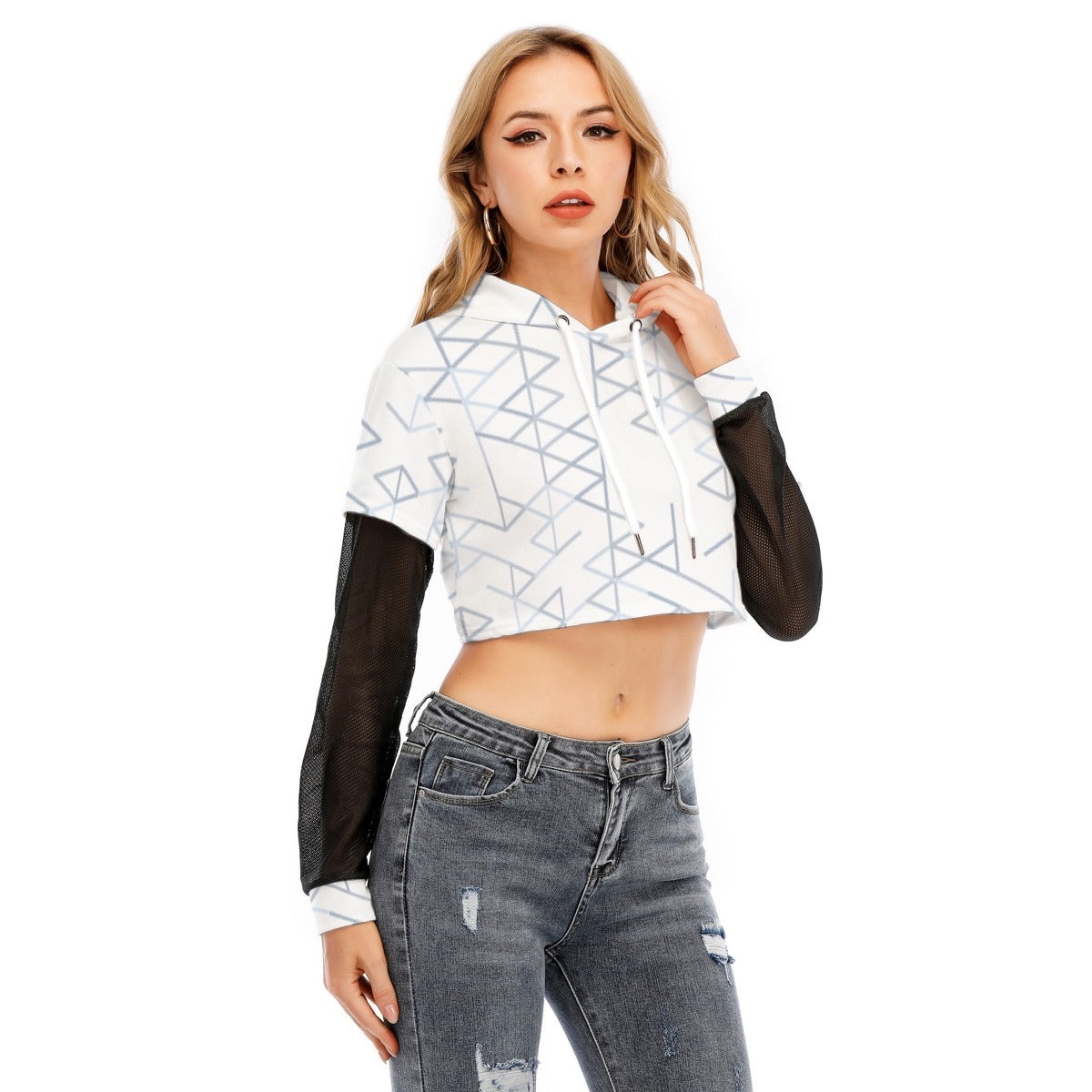 All-Over Print Women's Fake Two-piece Mesh Sleeve Cropped Hoodie