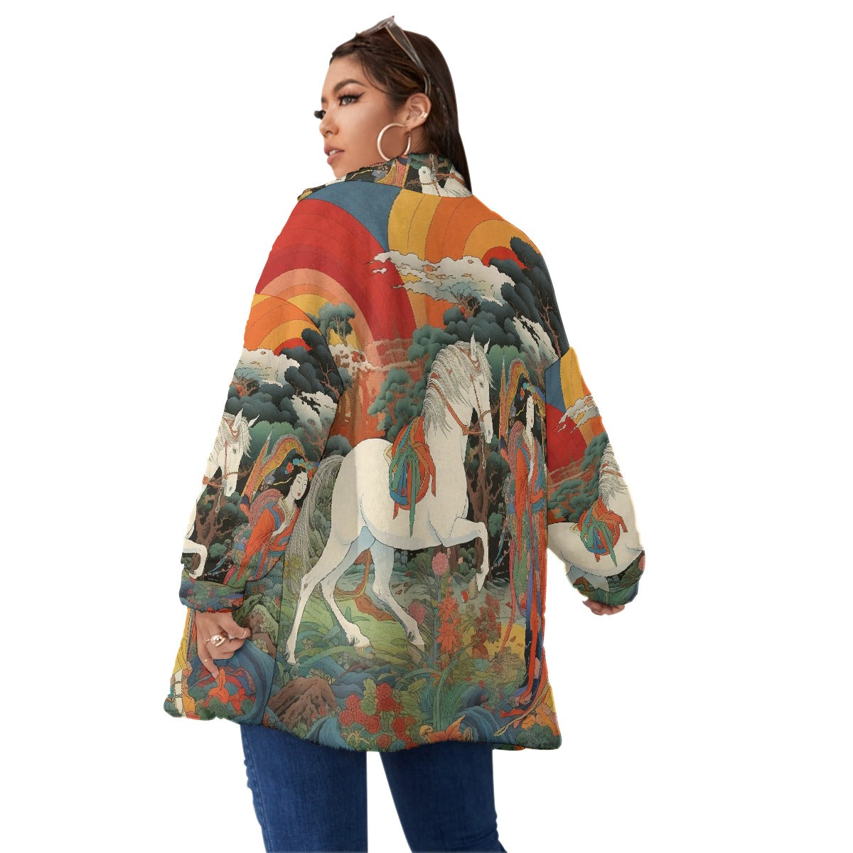 All-Over Print Unisex Borg Fleece Stand-up Collar Coat With Zipper Closure(Plus Size)