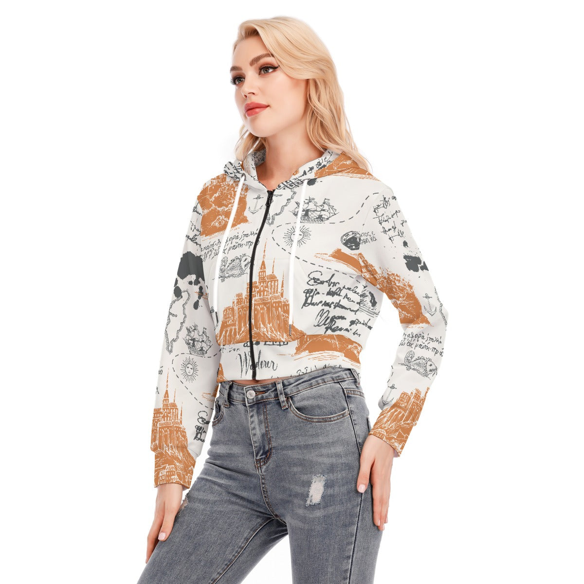 All-Over Print Women's Crop Top Hoodie With Zipper Closure
