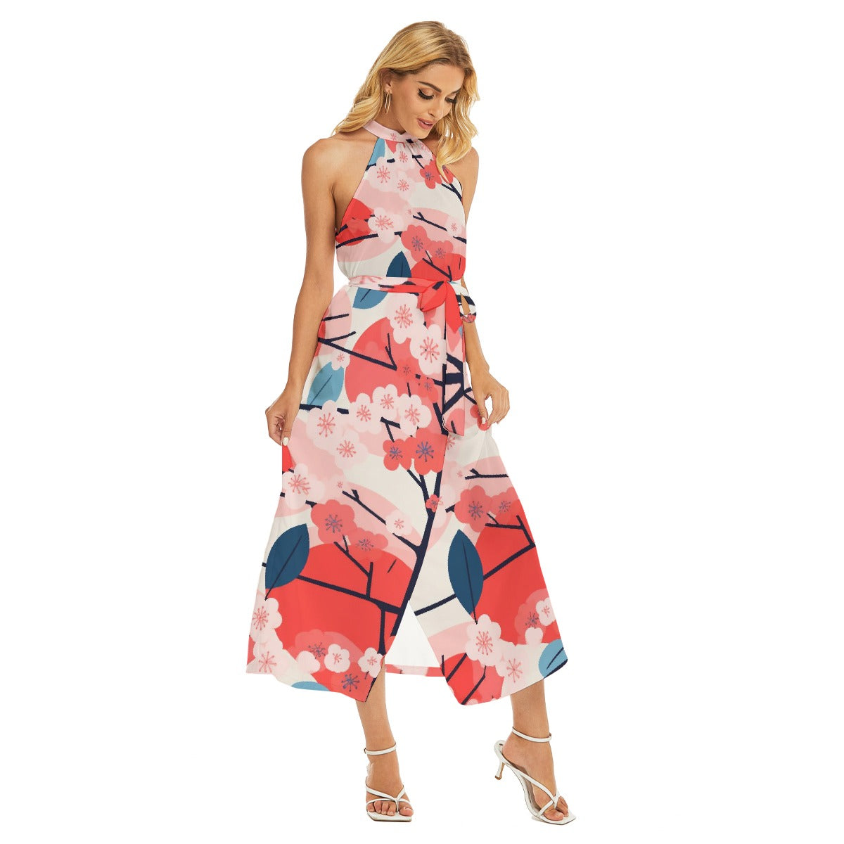 All-Over Print Women's Wrap Hem Belted Halter Dress