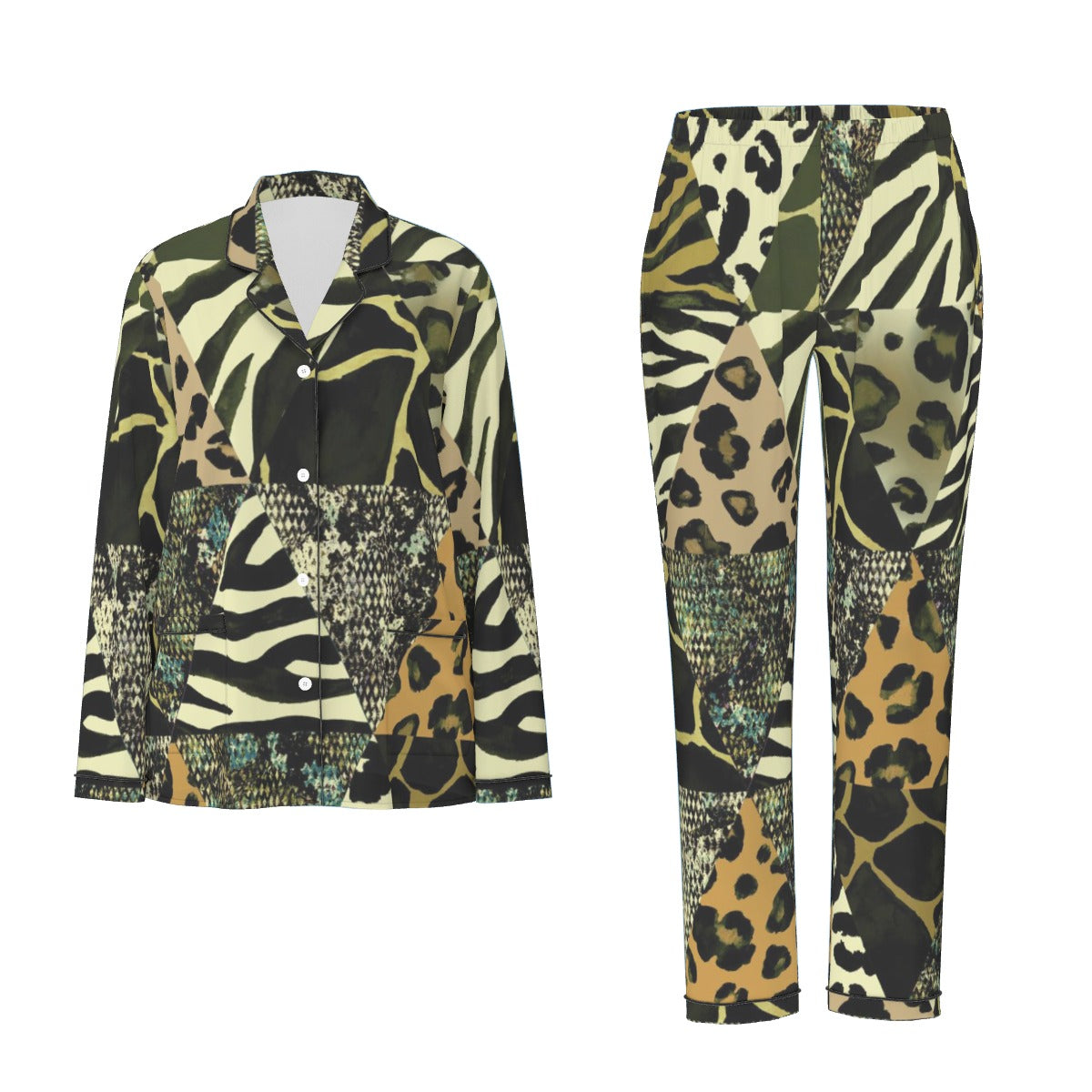 All-Over Print Women's Long Sleeve Pajama Set With Black Contrast Piping