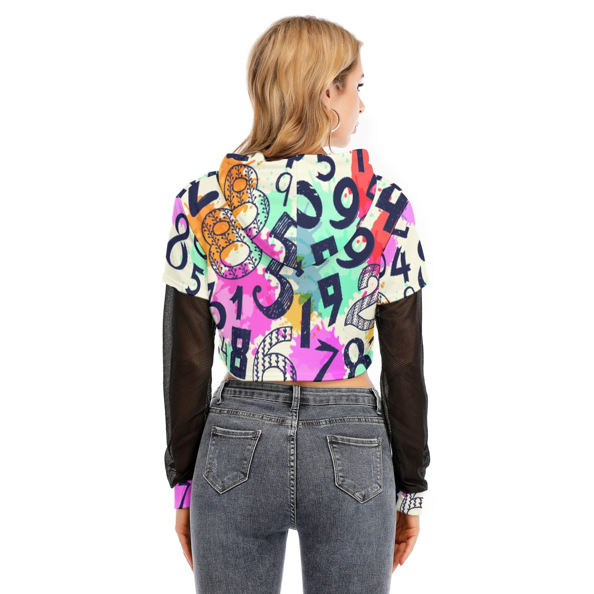 All-Over Print Women's Fake Two-piece Mesh Sleeve Cropped Hoodie