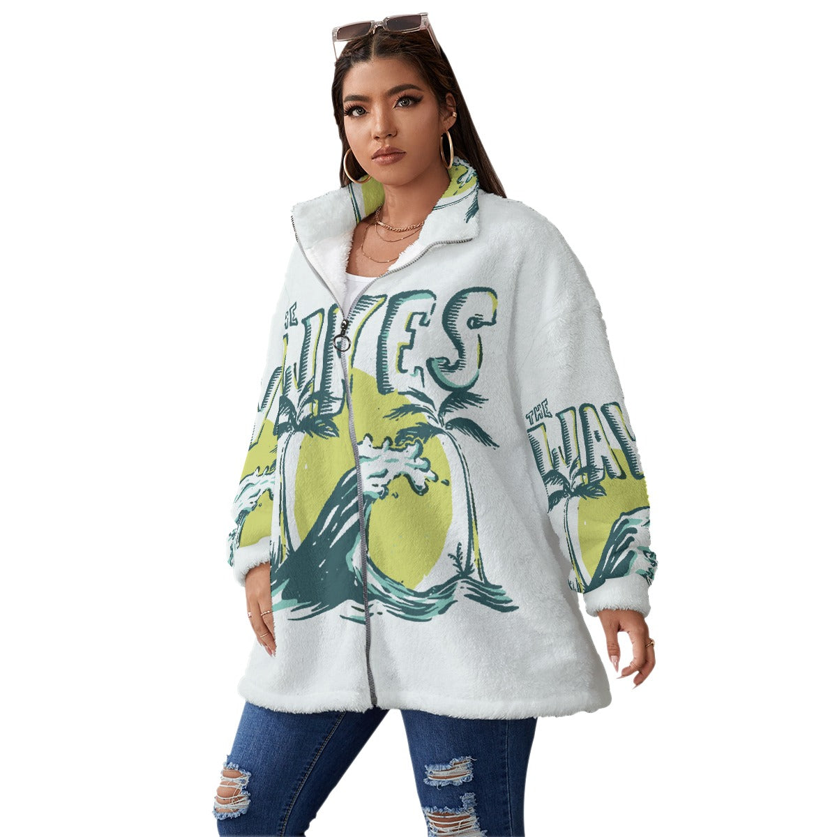 All-Over Print Unisex Borg Fleece Stand-up Collar Coat With Zipper Closure(Plus Size)