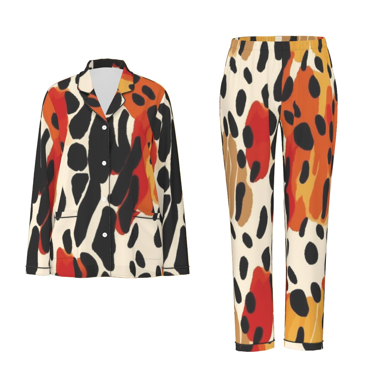 All-Over Print Women's Long Sleeve Pajama Set With Black Contrast Piping