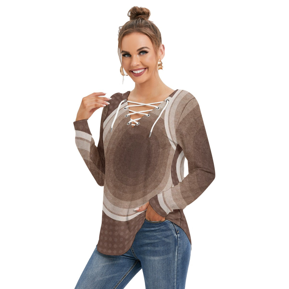 All-Over Print Women's Long Sleeve Neckline Tie Sweatshirt