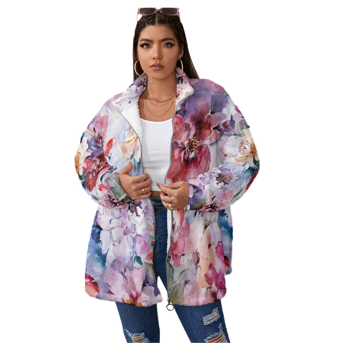 All-Over Print Unisex Borg Fleece Stand-up Collar Coat With Zipper Closure(Plus Size)