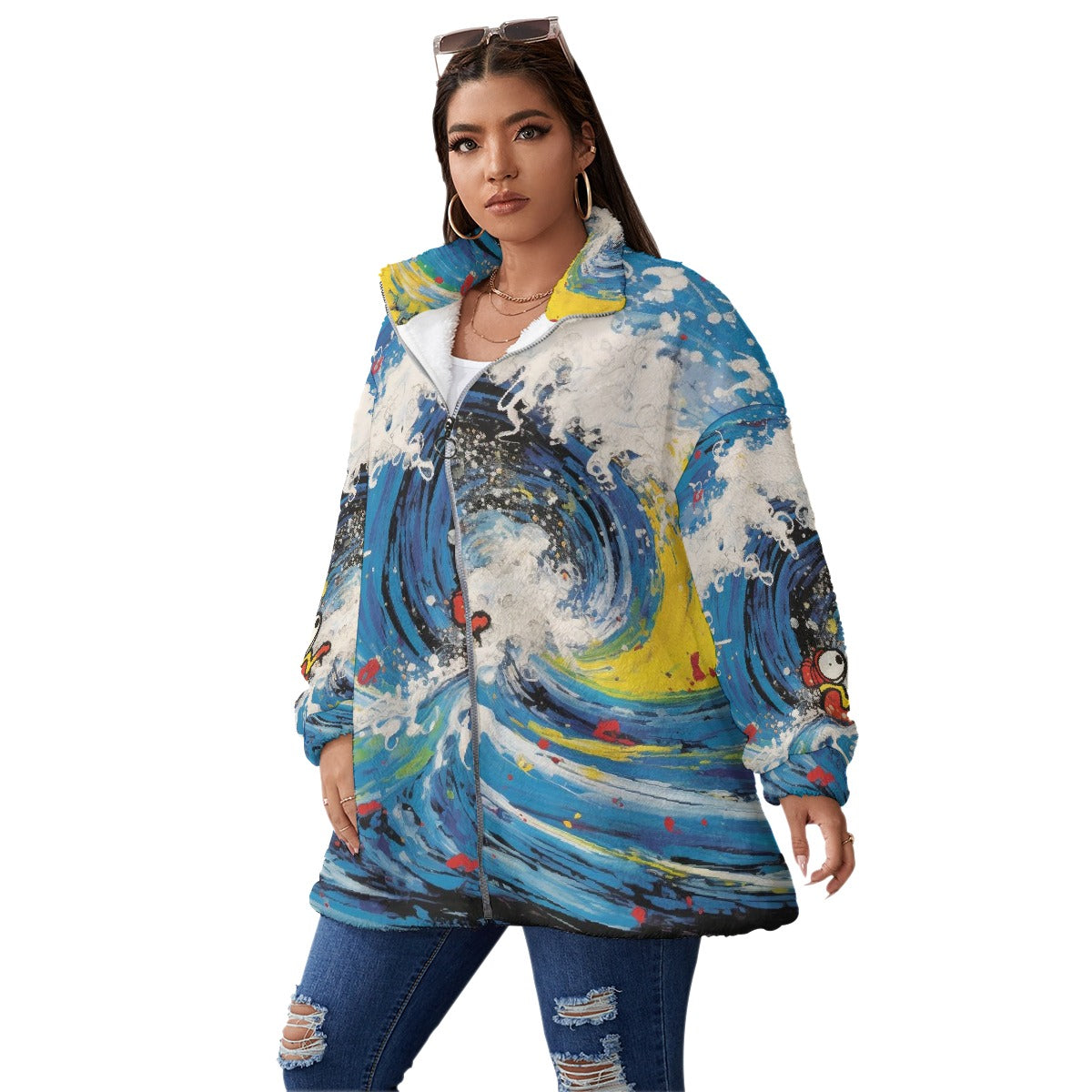 All-Over Print Unisex Borg Fleece Stand-up Collar Coat With Zipper Closure(Plus Size)