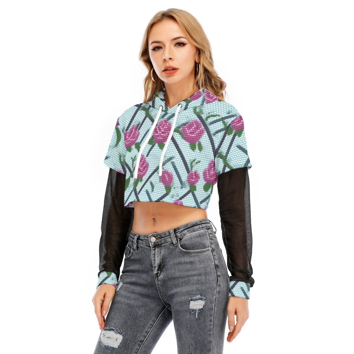 All-Over Print Women's Fake Two-piece Mesh Sleeve Cropped Hoodie