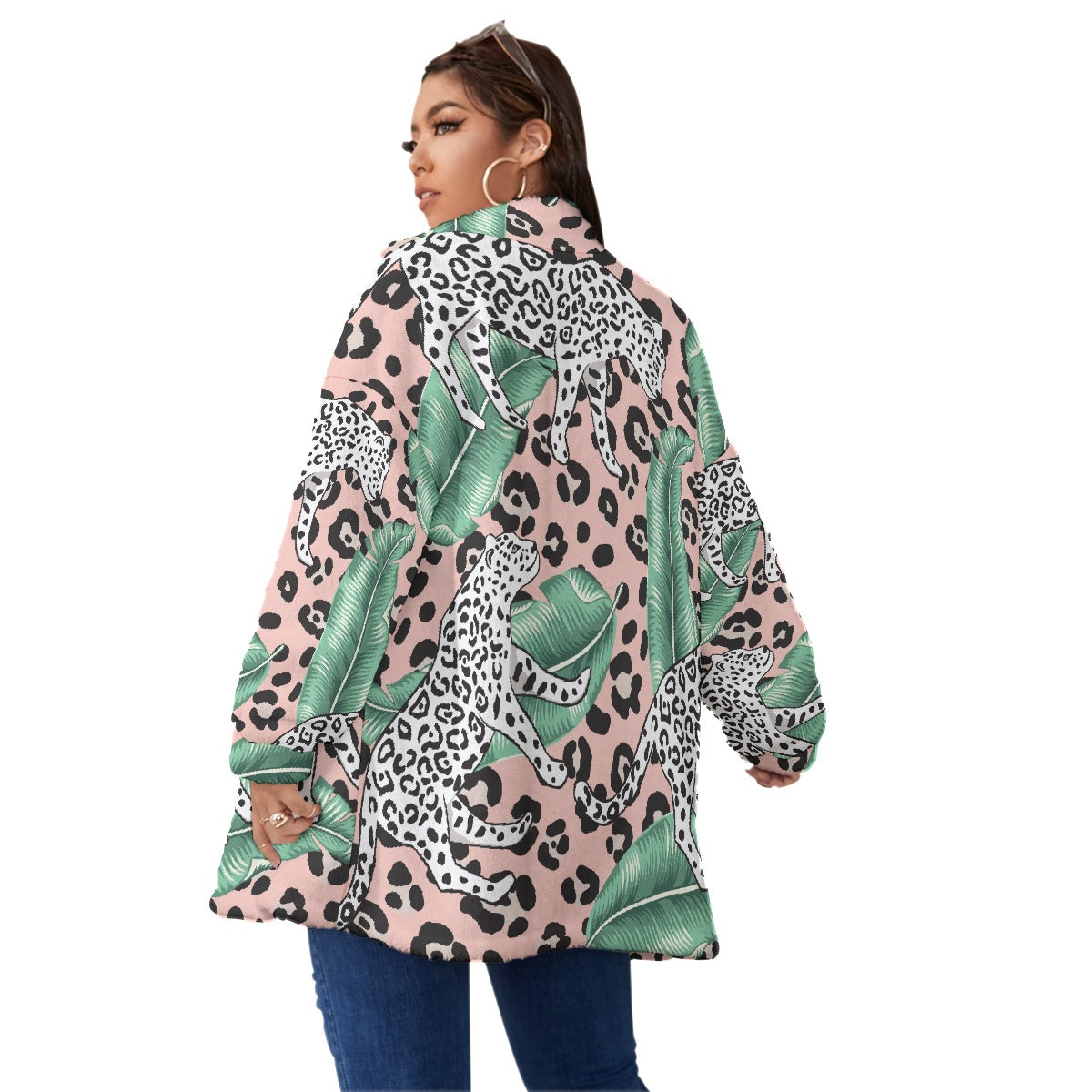 All-Over Print Unisex Borg Fleece Stand-up Collar Coat With Zipper Closure(Plus Size)