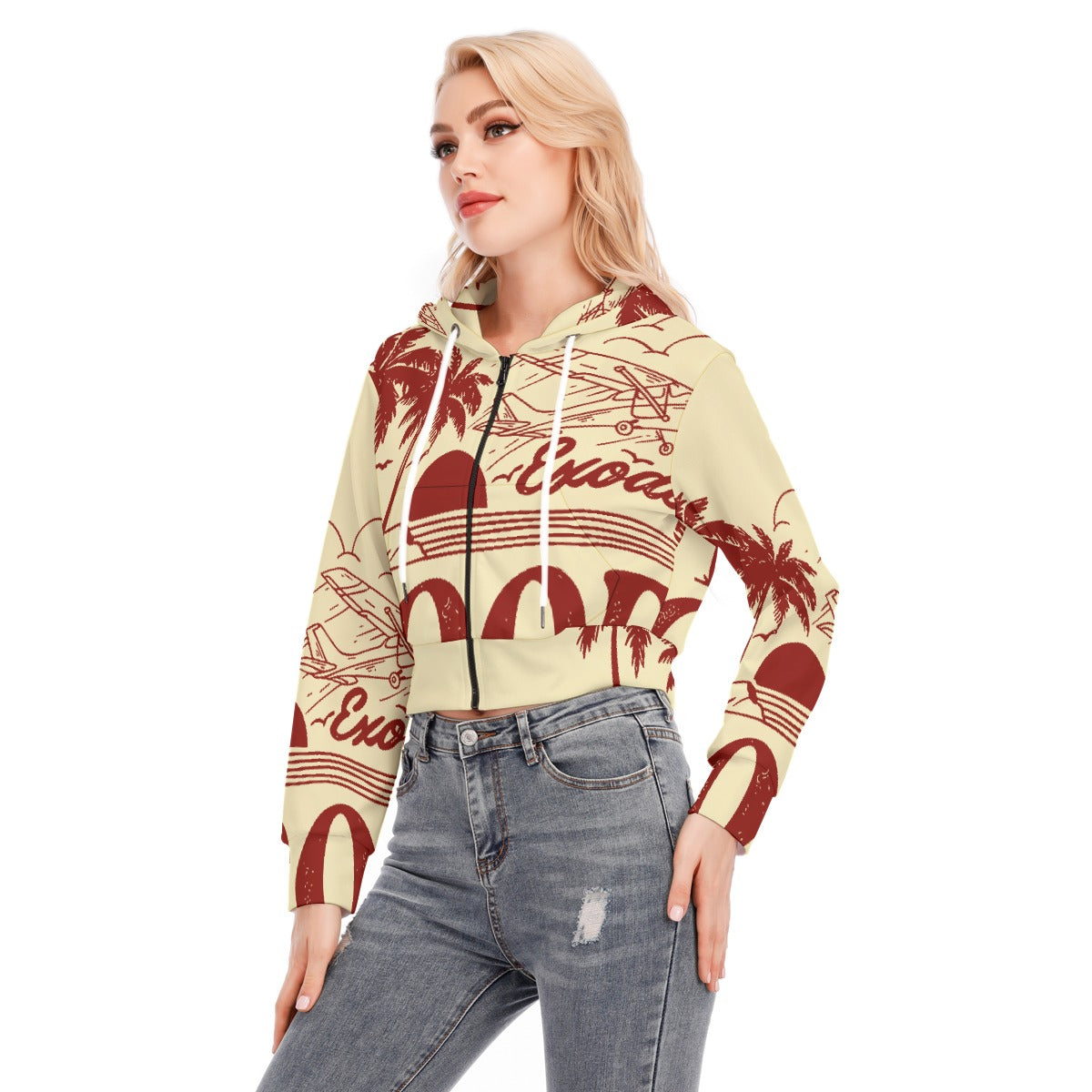 All-Over Print Women's Crop Top Hoodie With Zipper Closure