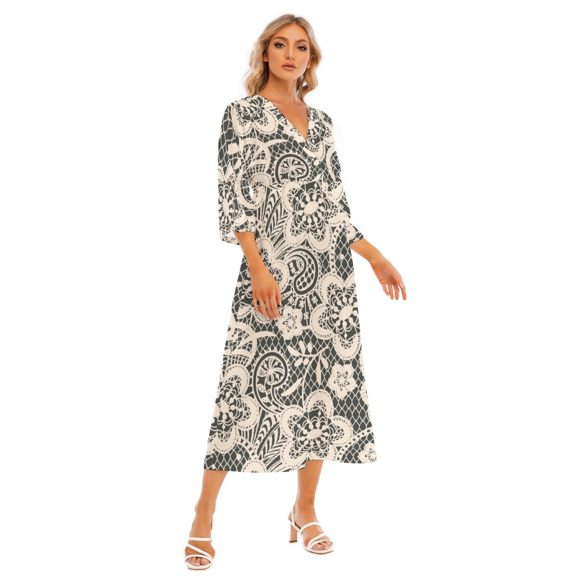 All-Over Print Women's Mid-Sleeve Long Dress