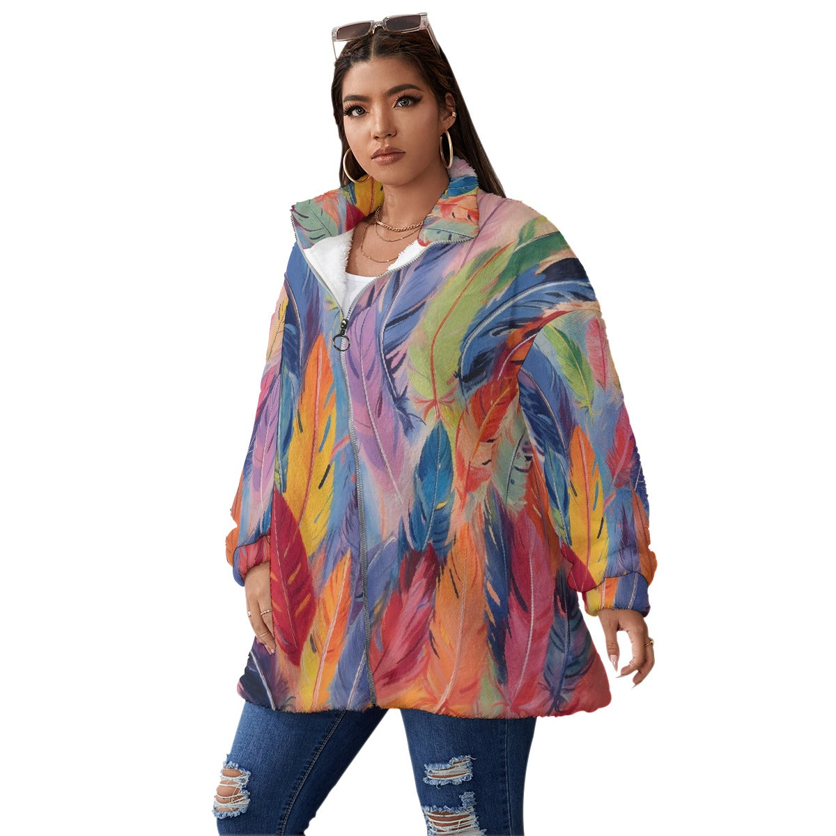 All-Over Print Unisex Borg Fleece Stand-up Collar Coat With Zipper Closure(Plus Size)