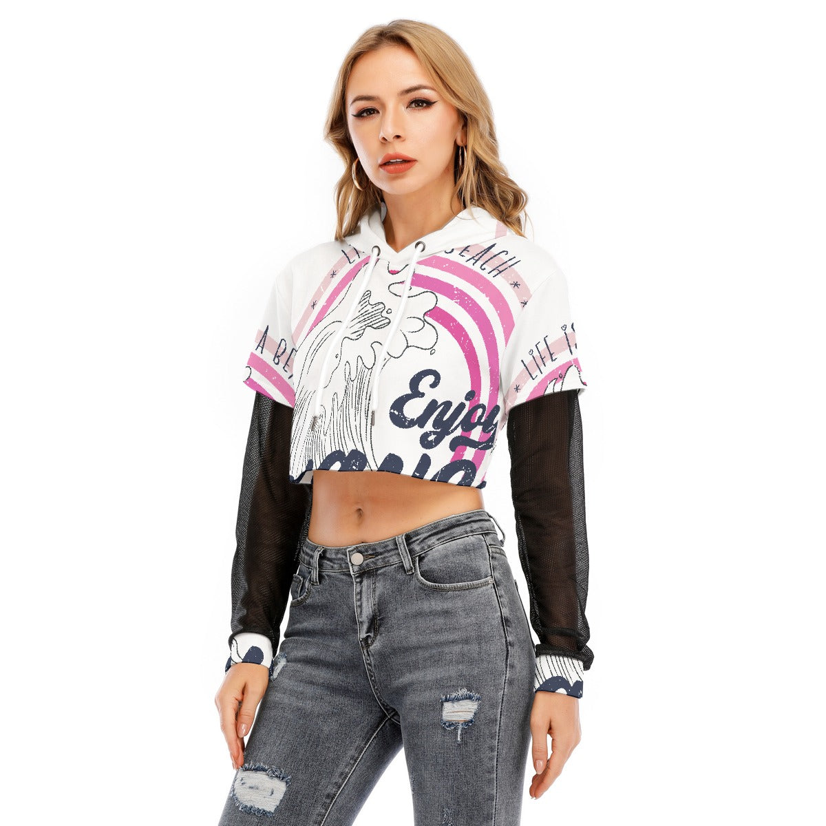 All-Over Print Women's Fake Two-piece Mesh Sleeve Cropped Hoodie