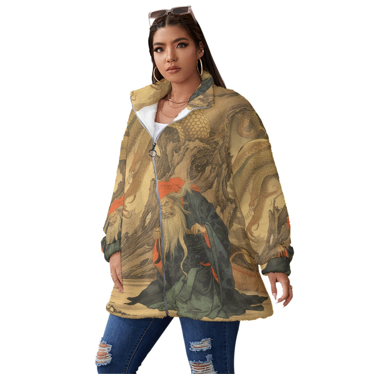 All-Over Print Unisex Borg Fleece Stand-up Collar Coat With Zipper Closure(Plus Size)