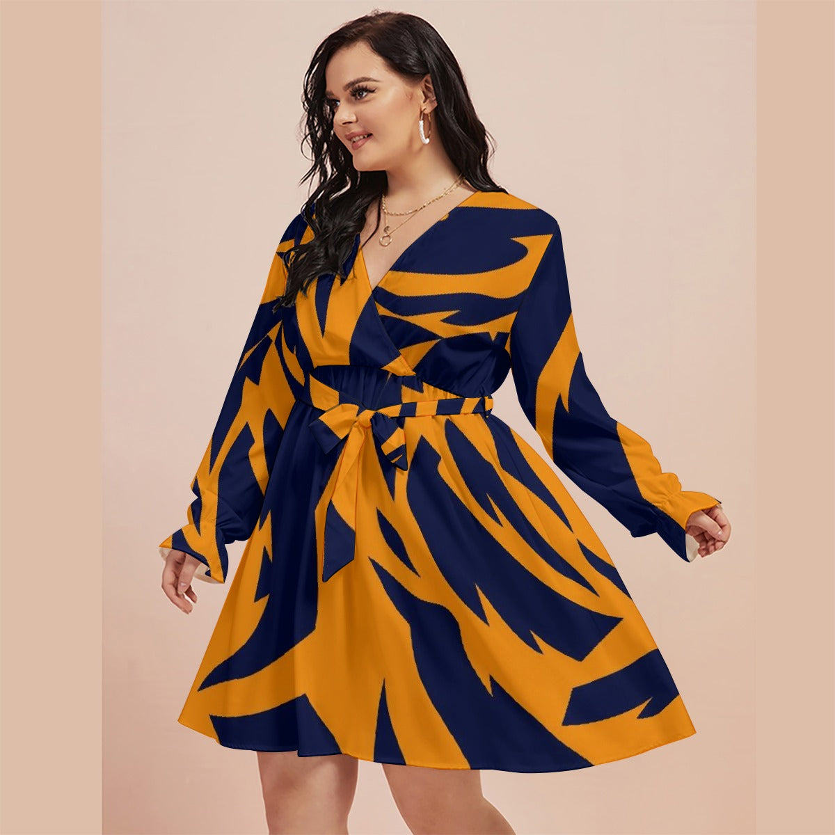 All-Over Print Women's V-neck Dress With Waistband(Plus Size)