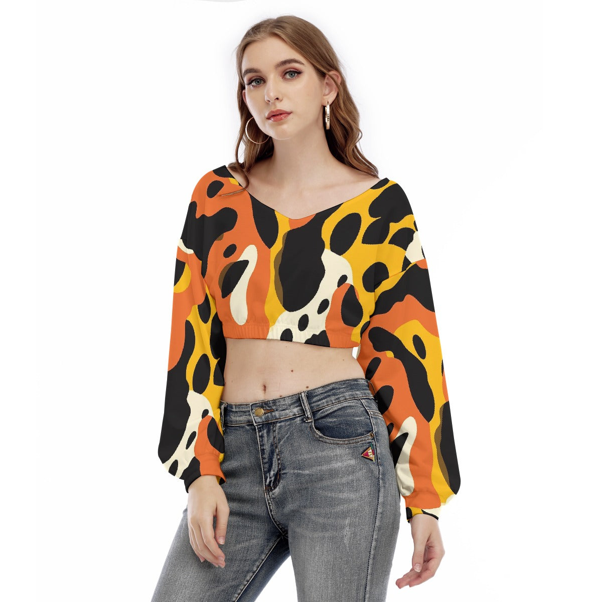 All-Over Print Women's V-neck Long Sleeve Cropped Sweatshirt