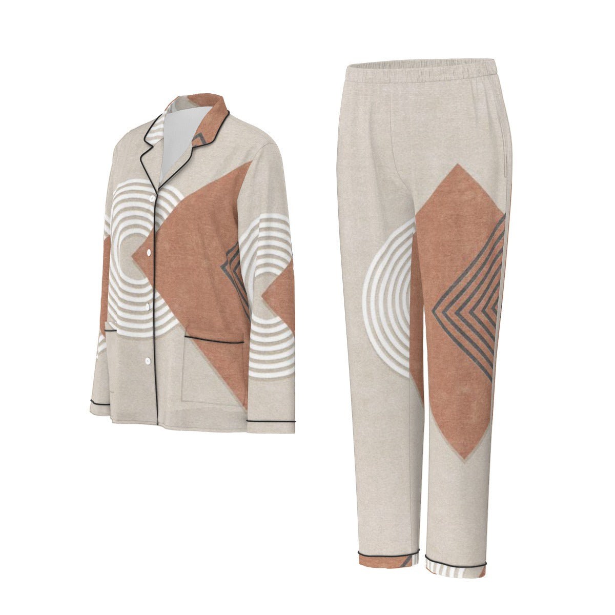 All-Over Print Women's Long Sleeve Pajama Set With Black Contrast Piping