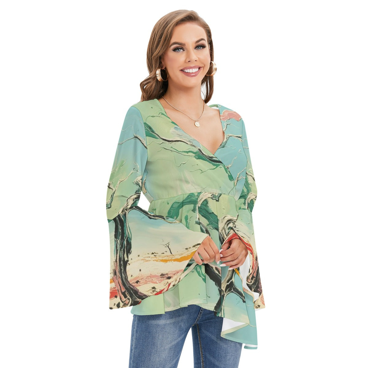 All-Over Print Women's V-neck Blouse With Flared Sleeves