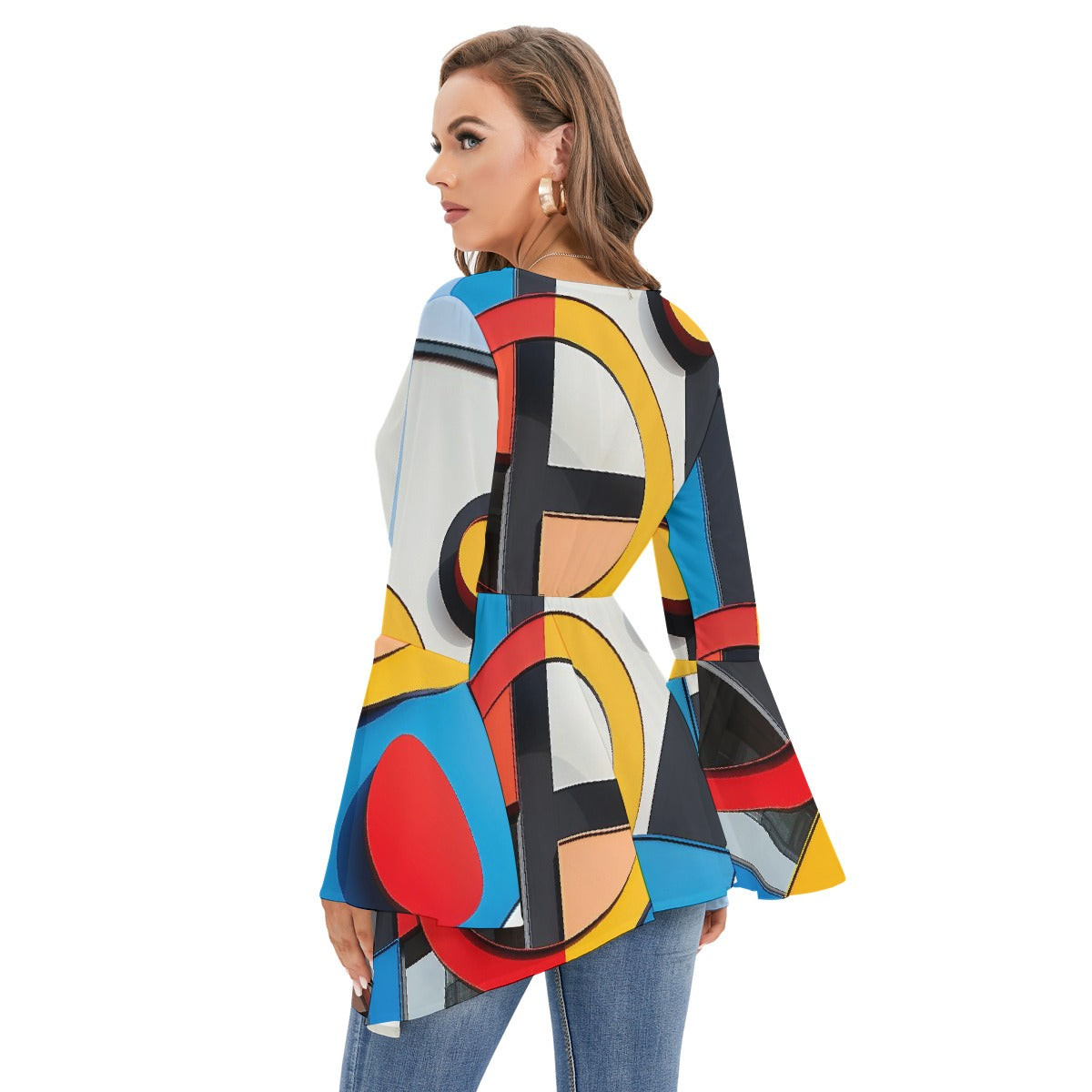 All-Over Print Women's V-neck Blouse With Flared Sleeves