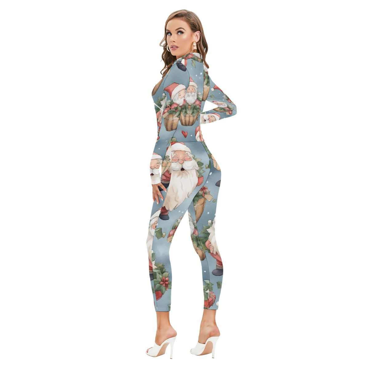 All-Over Print Women's Long-sleeved High-neck Jumpsuit With Zipper
