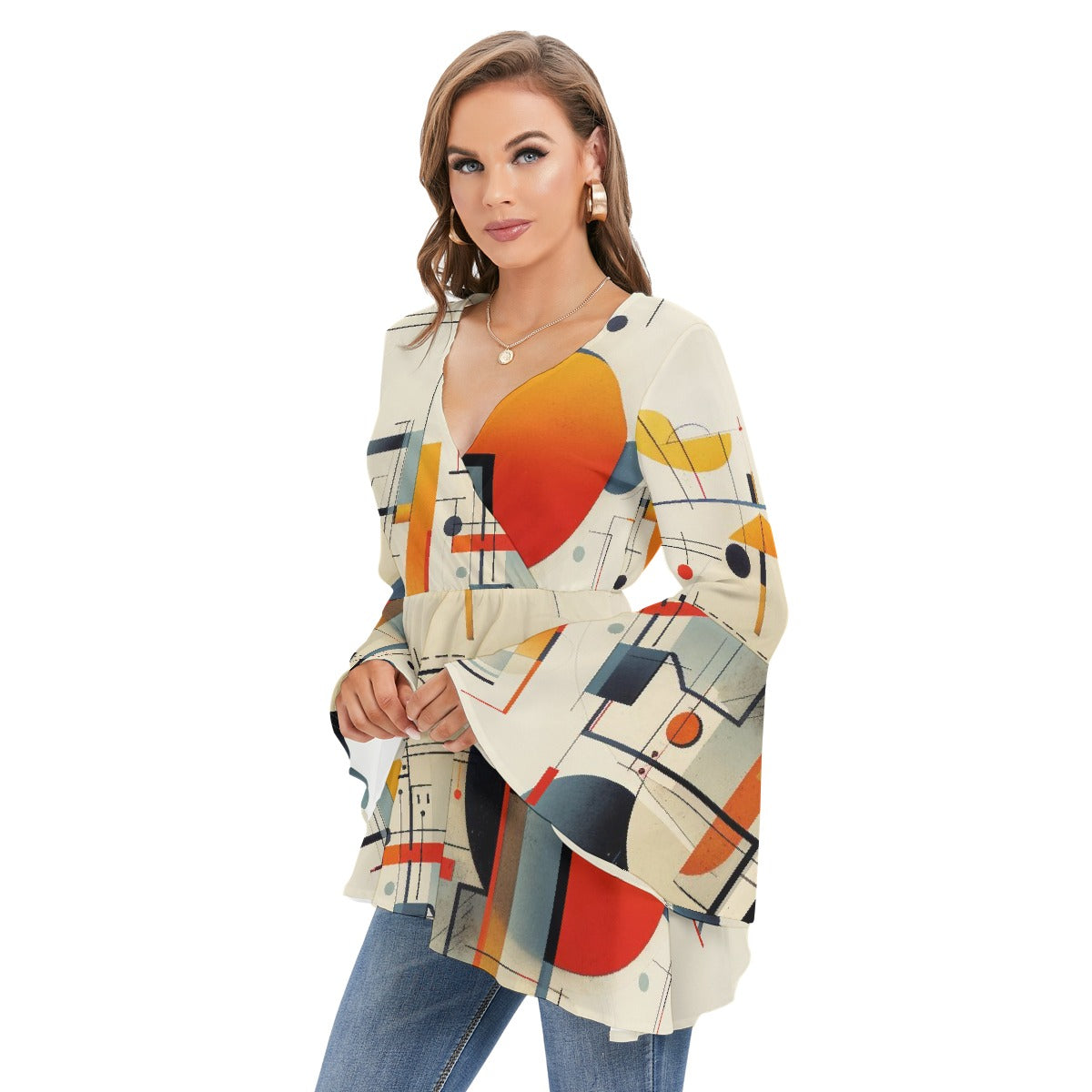All-Over Print Women's V-neck Blouse With Flared Sleeves