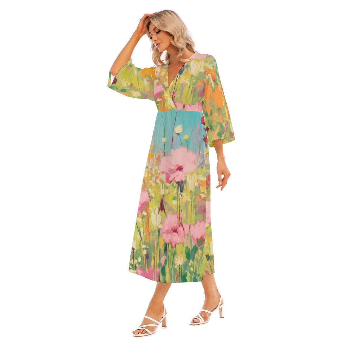 All-Over Print Women's Mid-Sleeve Long Dress