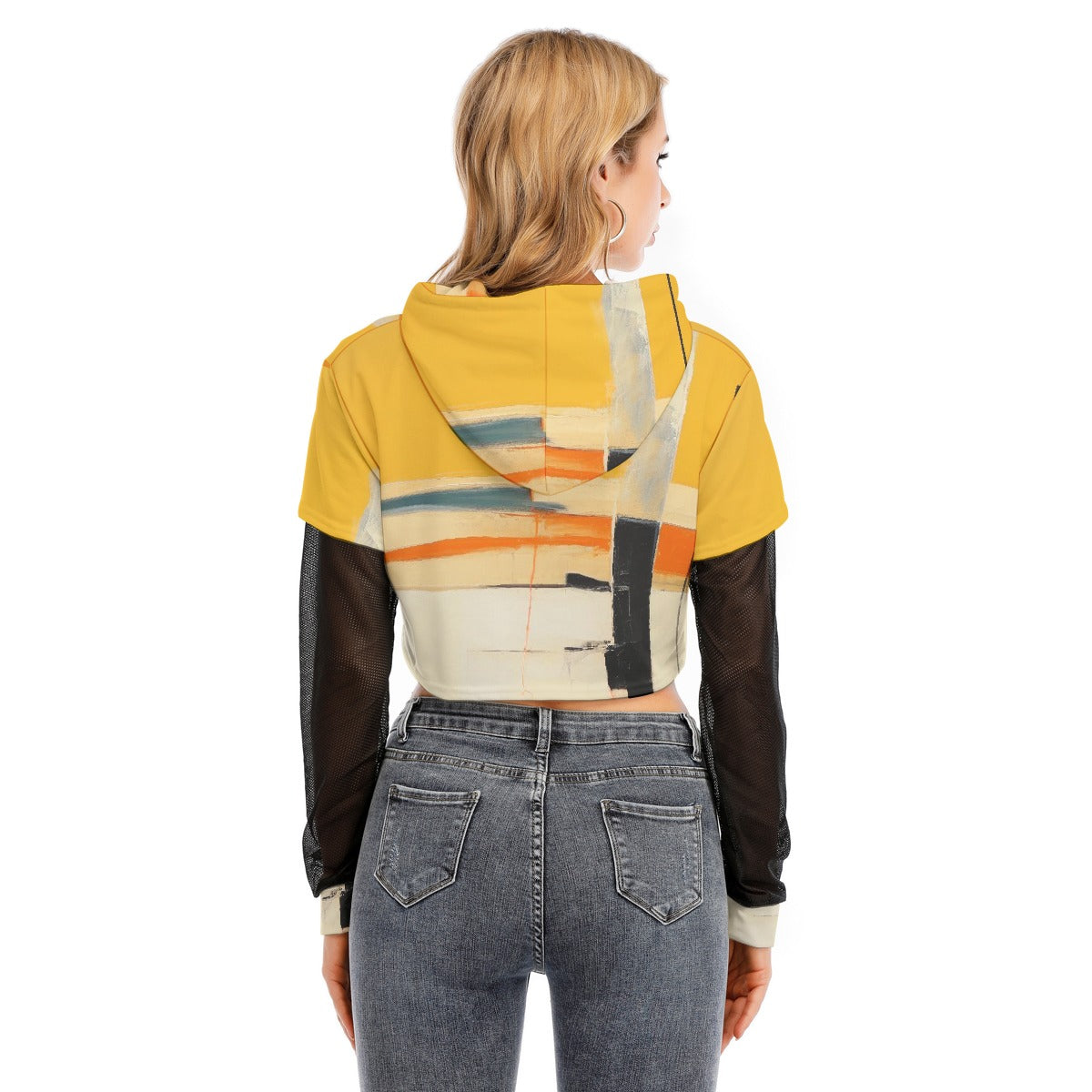 All-Over Print Women's Fake Two-piece Mesh Sleeve Cropped Hoodie