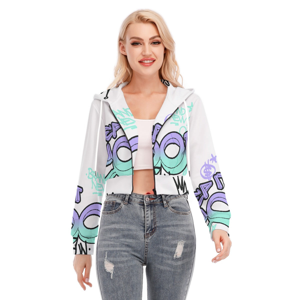 All-Over Print Women's Crop Top Hoodie With Zipper Closure
