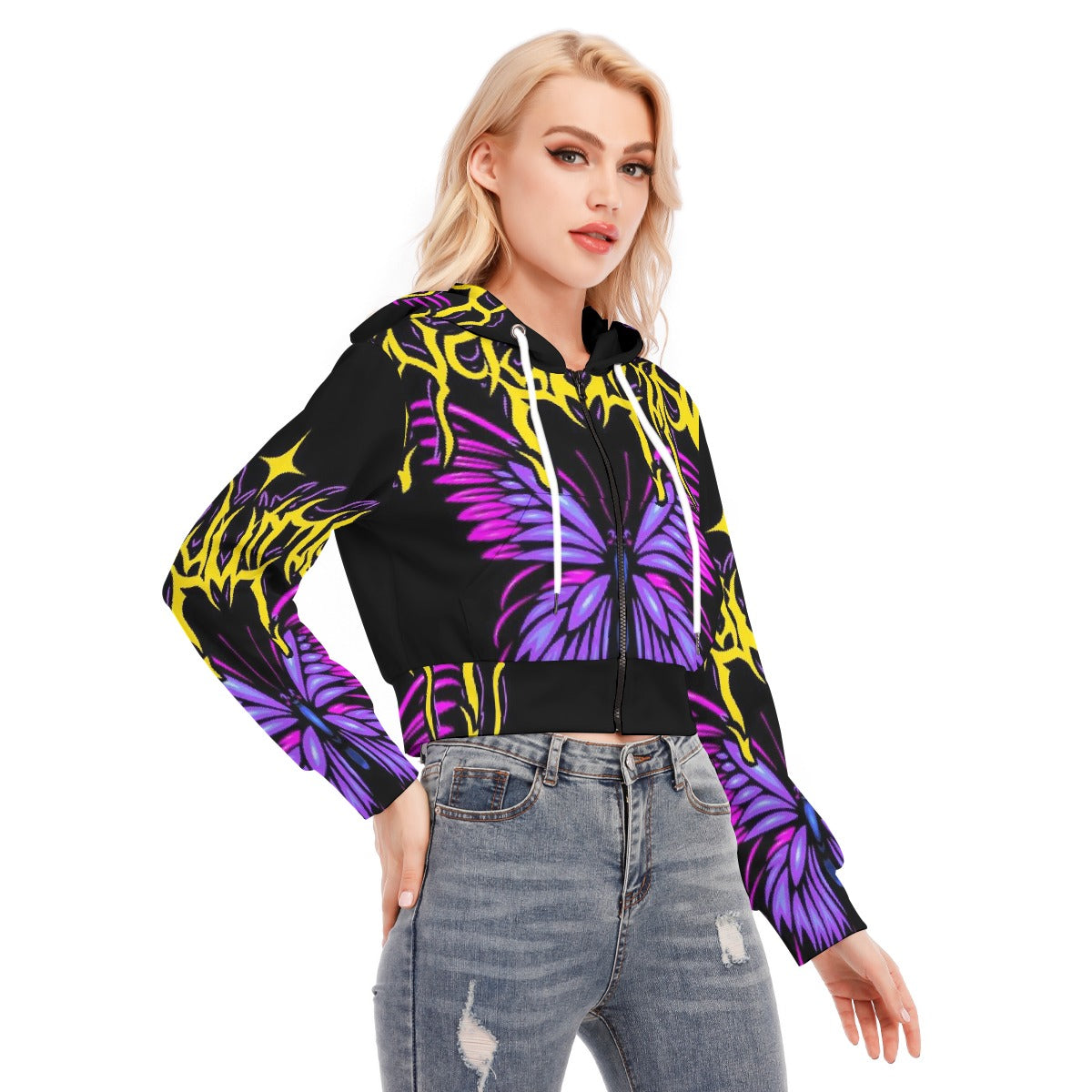 All-Over Print Women's Crop Top Hoodie With Zipper Closure