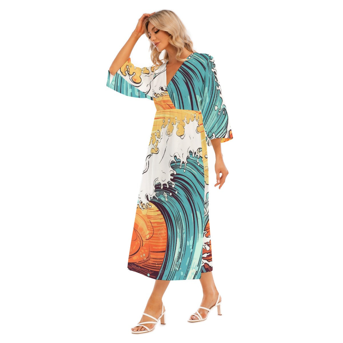 All-Over Print Women's Mid-Sleeve Long Dress