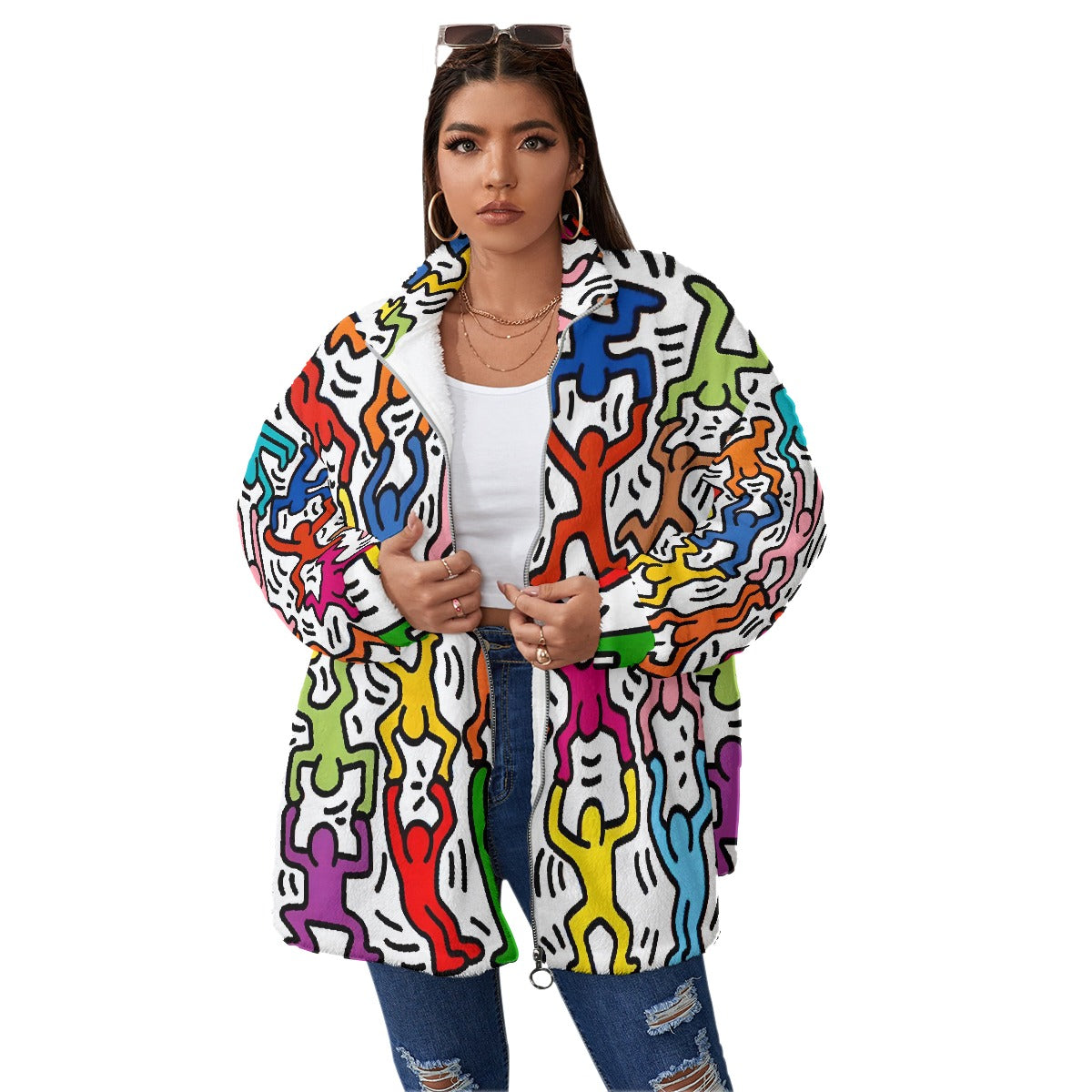 All-Over Print Unisex Borg Fleece Stand-up Collar Coat With Zipper Closure(Plus Size)