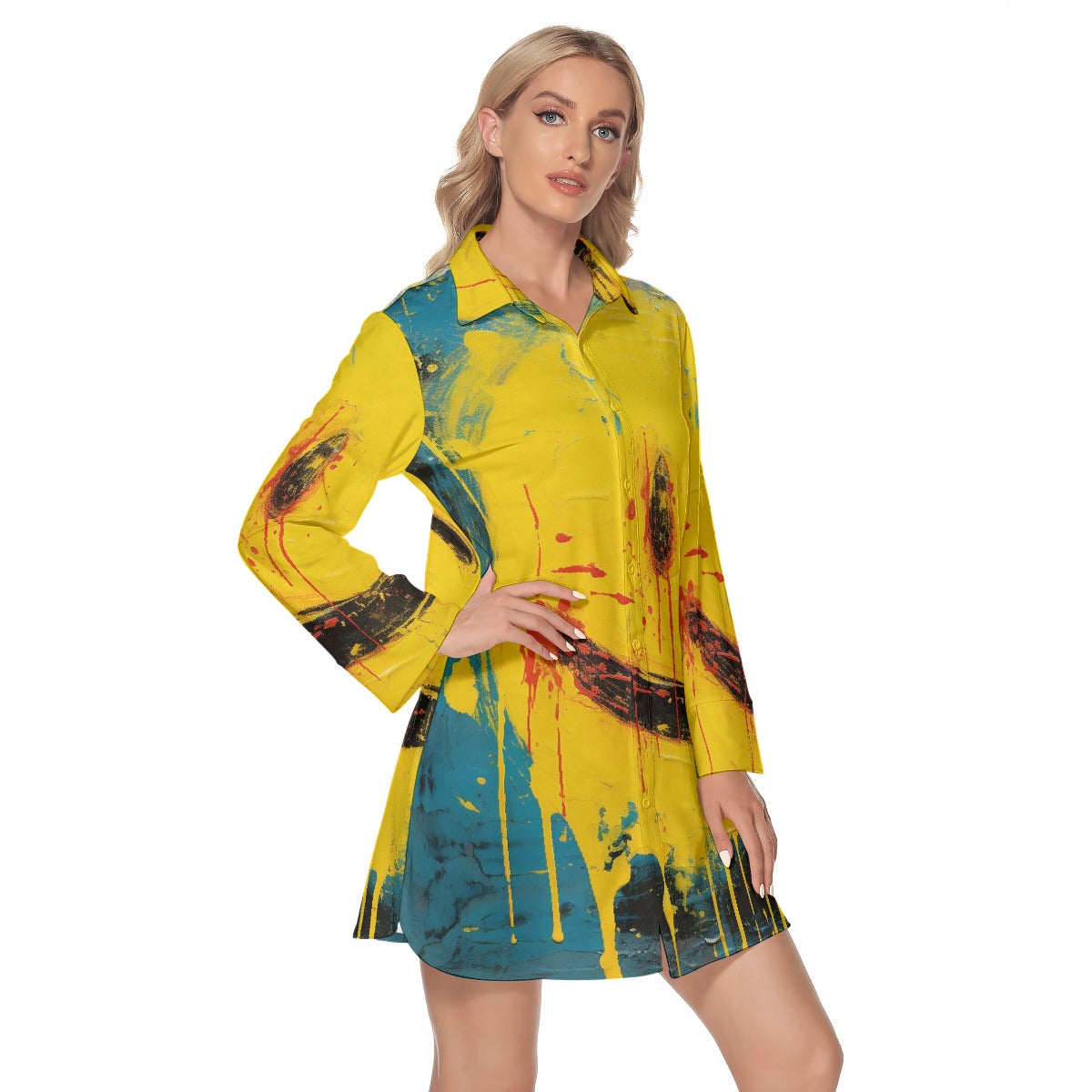 All-Over Print Women's Lapel Shirt Dress With Long Sleeve